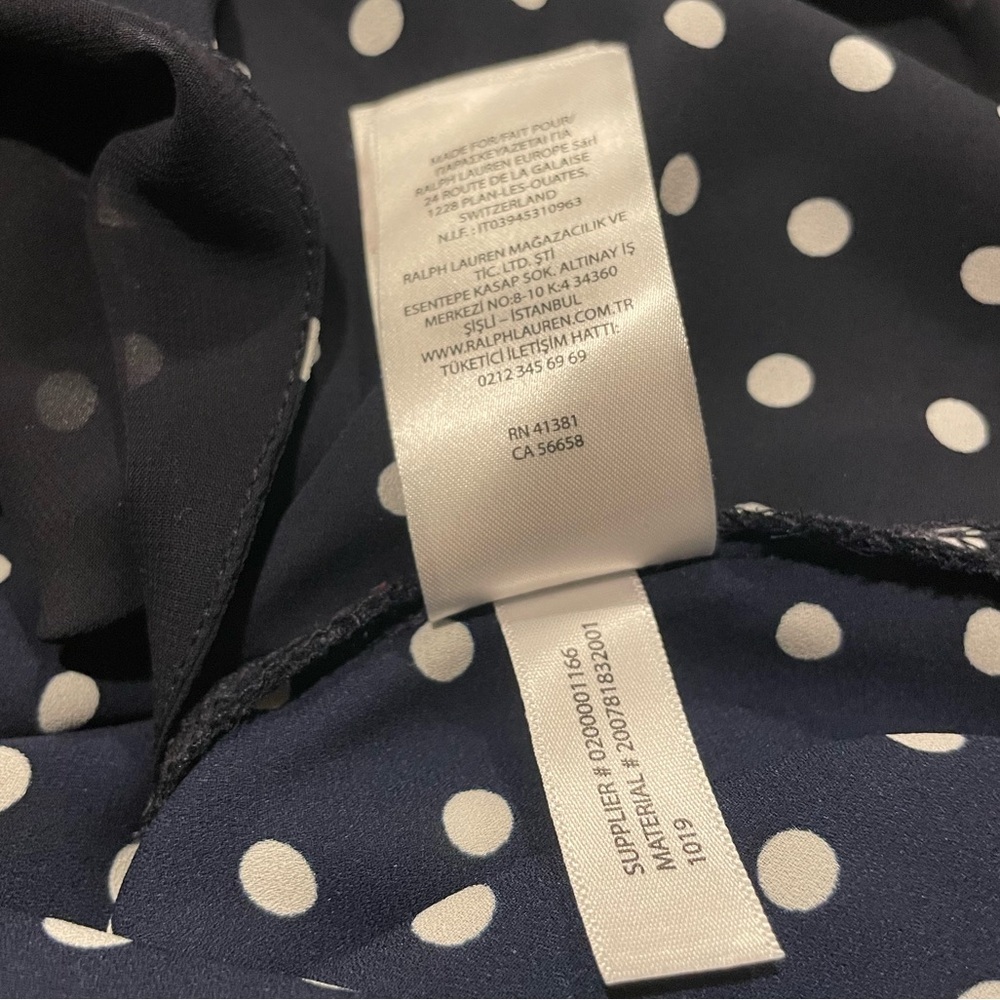 Lauren Ralph Lauren Navy Polka Dot Faux Wrap Long Sleeve Draped Blouse Large - Picture 7 of 7